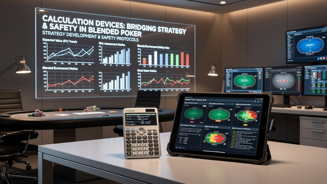 Hybrid poker table setup with overlaid calculation software and compliance monitoring screens