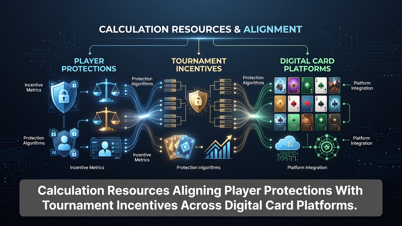 Digital card platform dashboard displaying integrated calculation tools alongside player protection indicators and tournament incentive trackers
