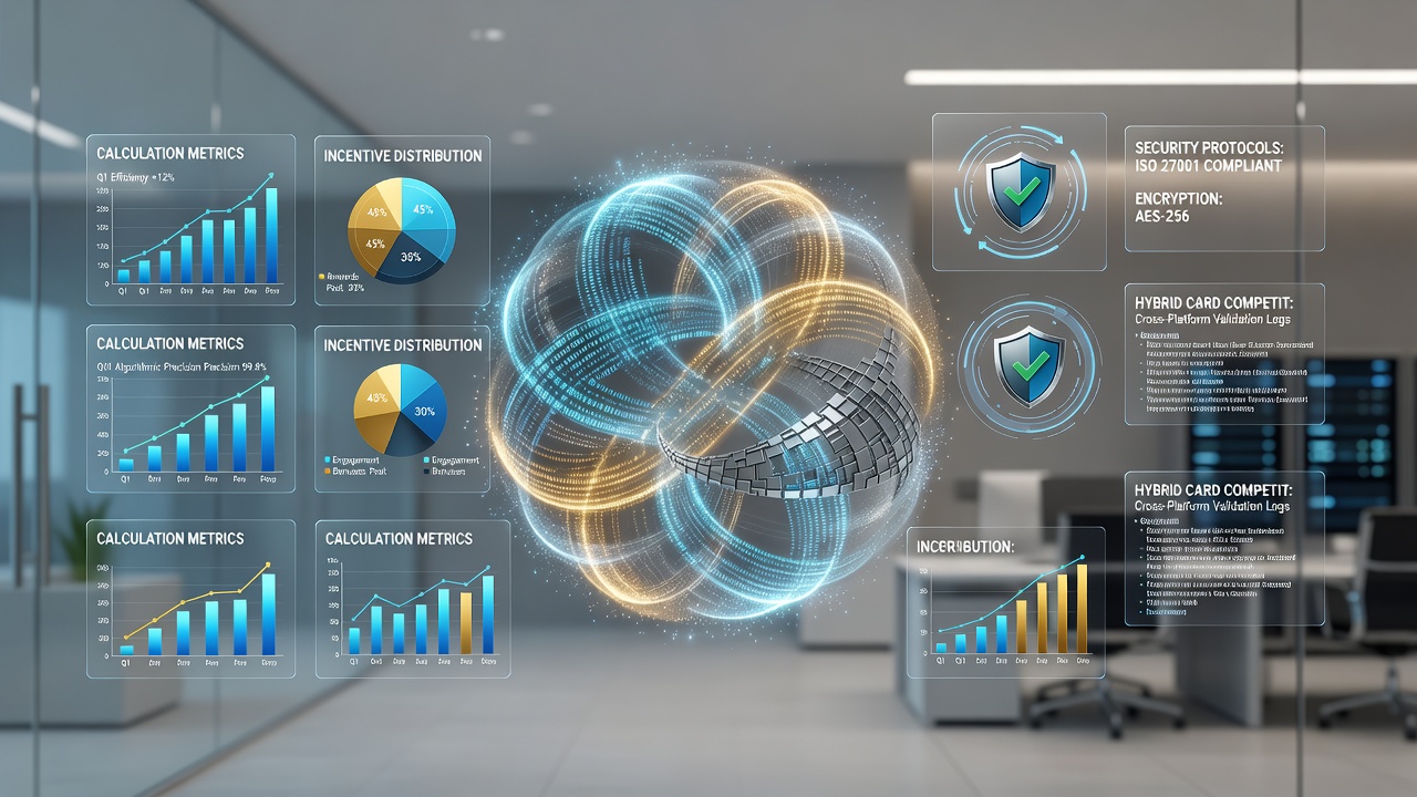 Digital interface displaying merged calculation outputs, incentive tracking, and security compliance indicators in a hybrid card event