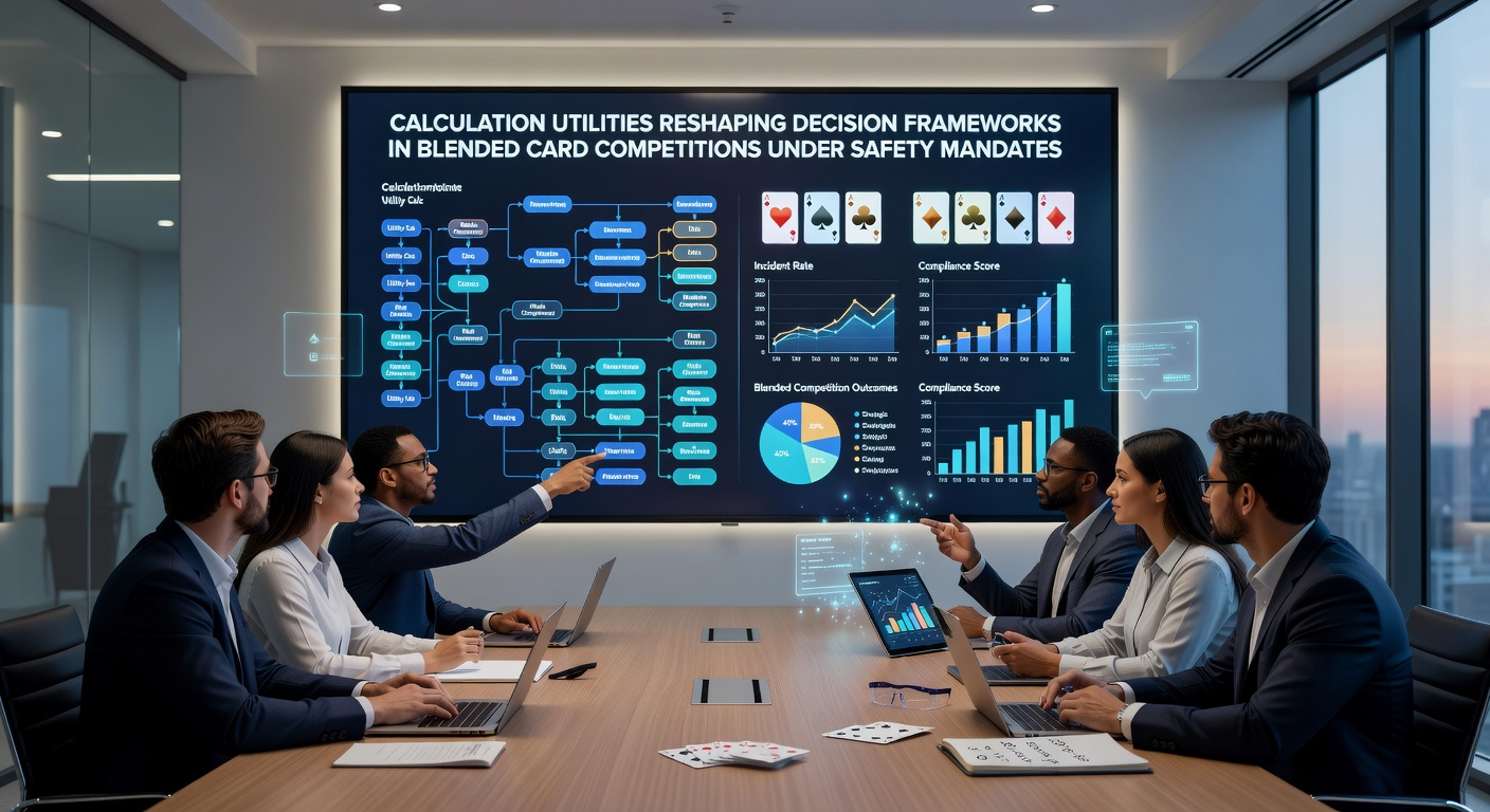 Hybrid card event participants reviewing calculation outputs on shared compliance screens during a regulated tournament