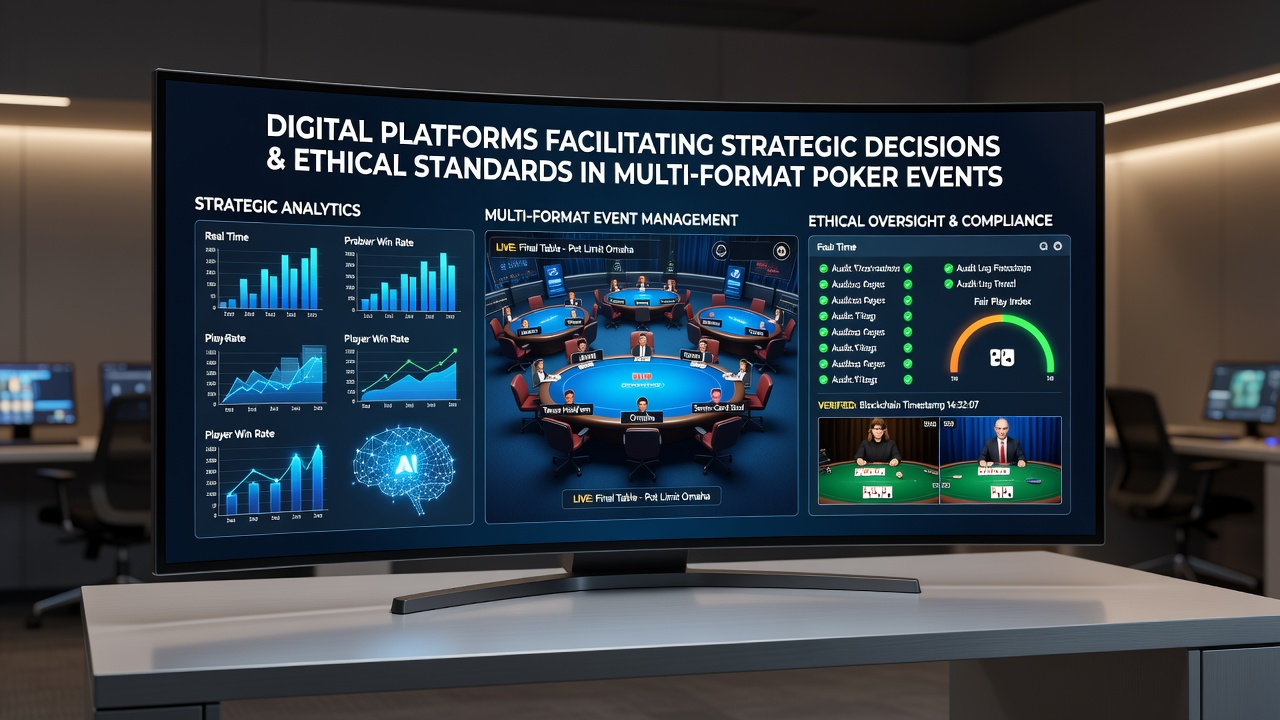 Digital interface showing poker analytics dashboard with strategic decision tools and compliance indicators