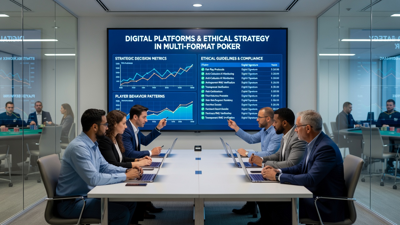 Secure poker platform interface illustrating ethical compliance checklist alongside multi-format tournament settings