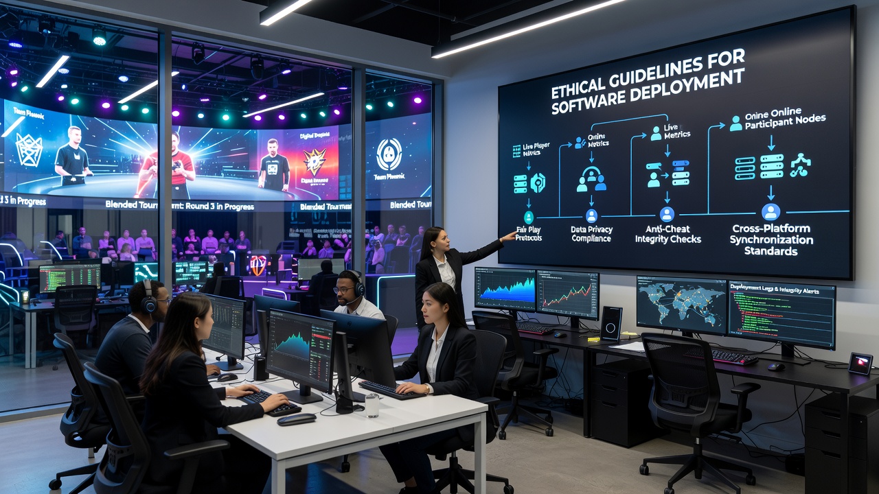 Developers reviewing ethical compliance checklists during software integration for mixed live and online poker events