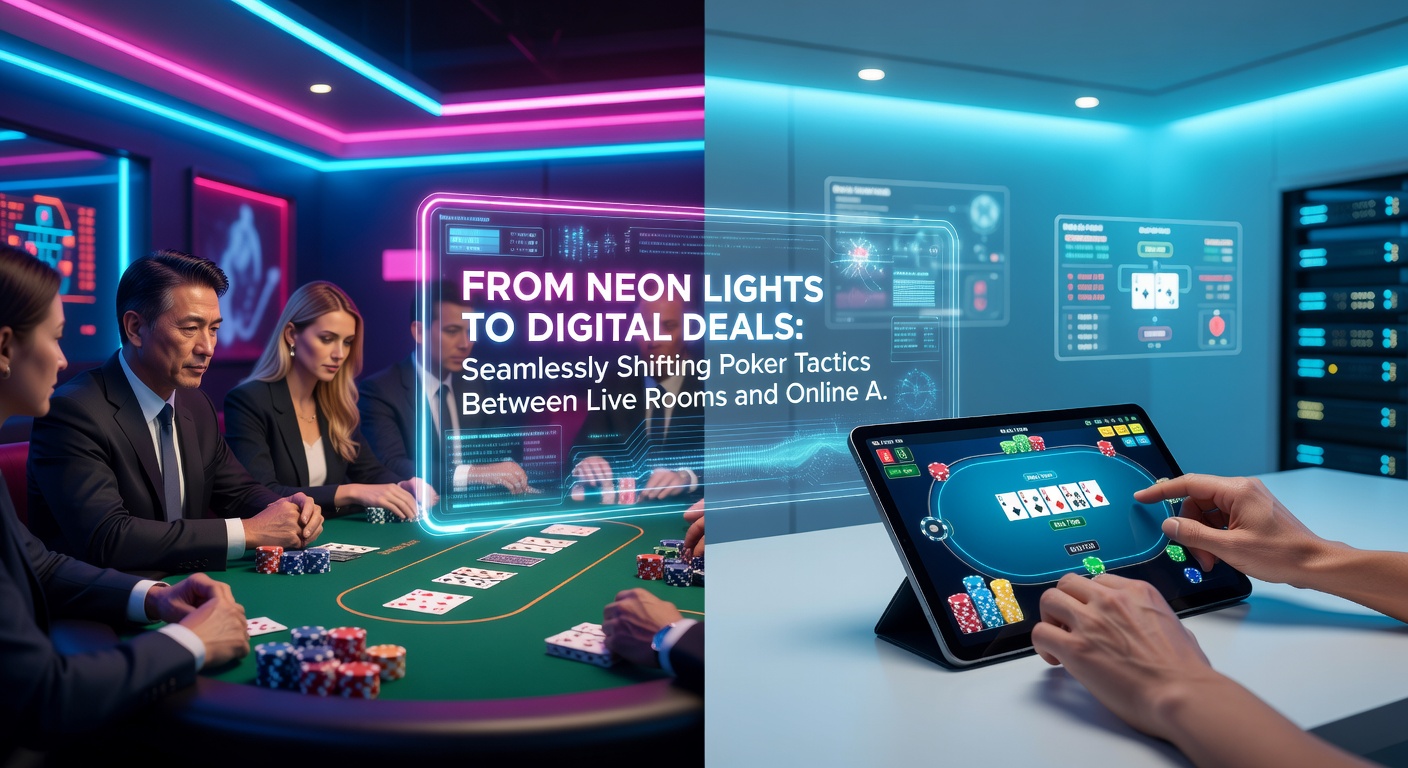 A bustling live poker room with neon lights contrasting a sleek online poker interface on a laptop screen, symbolizing the shift between environments