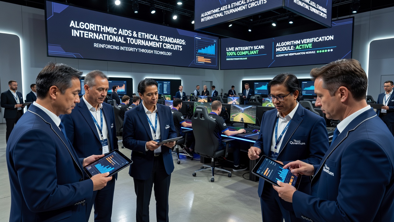 International tournament officials reviewing algorithmic compliance reports during a multi-venue event