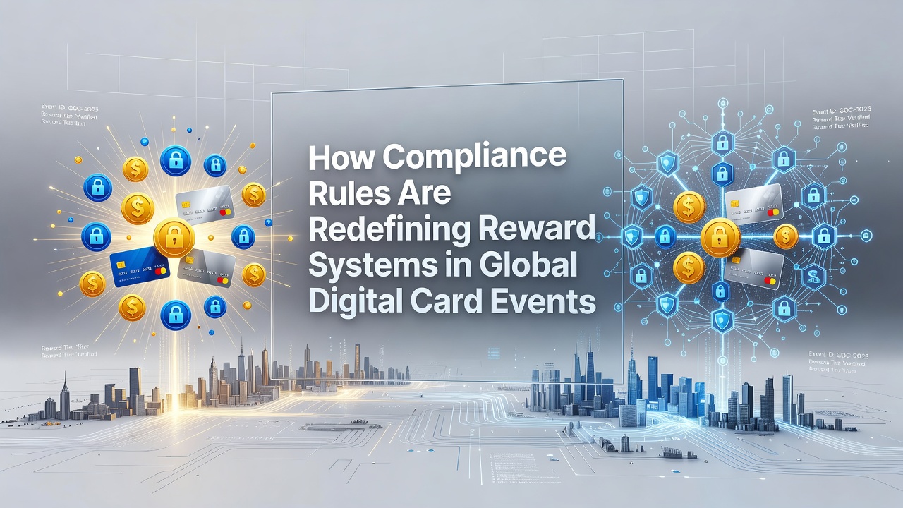 Global digital card event platform interface showing compliance checkpoints integrated with reward distribution panels