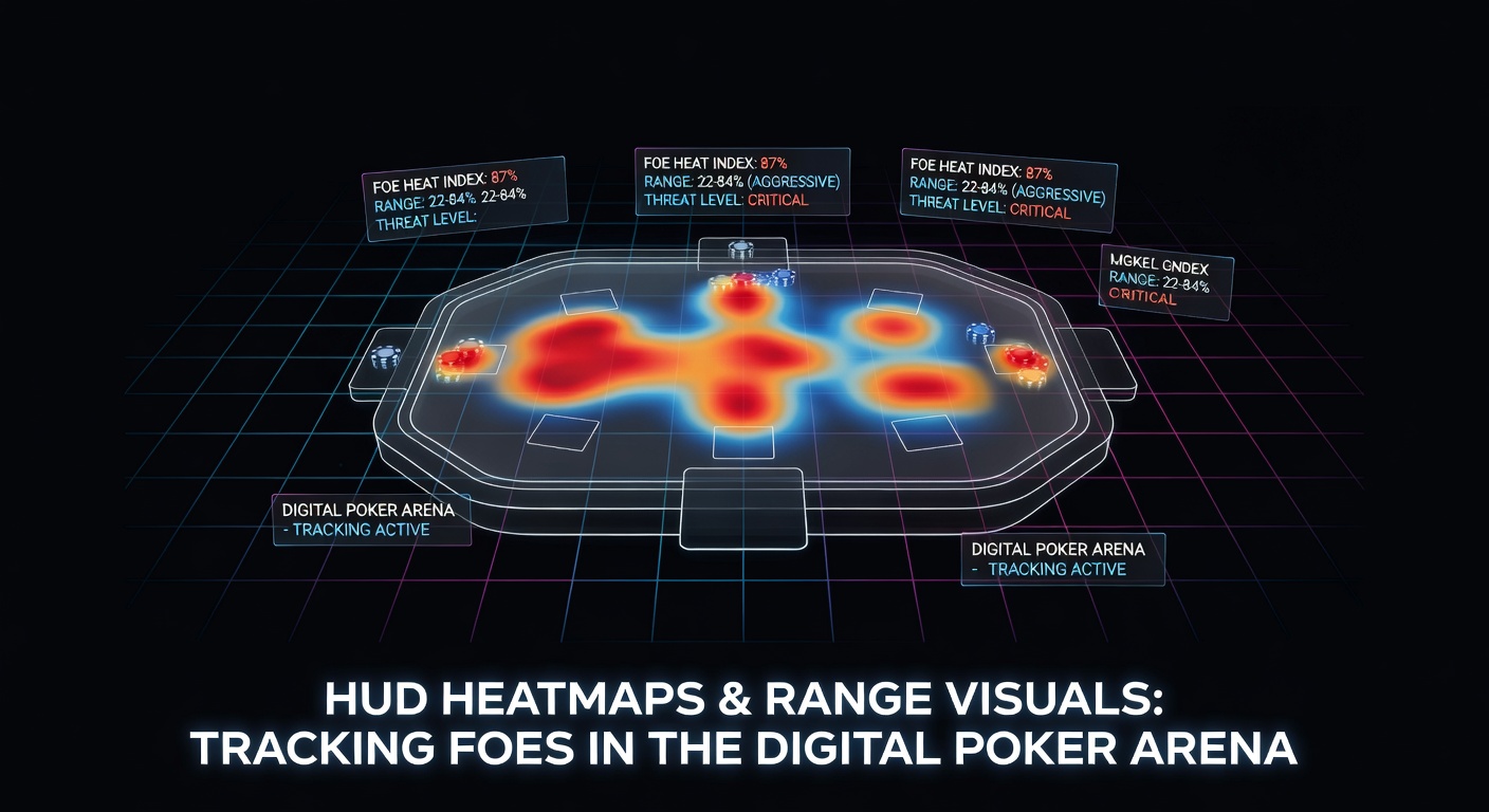 Dynamic HUD heatmap overlay on an online poker table, color-coding opponent hand ranges and statistics in real time