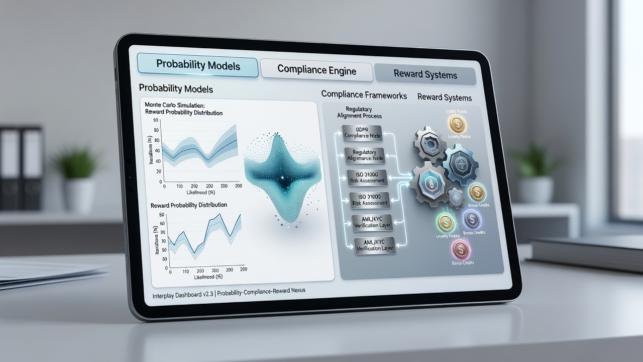 Compliance dashboard showing audit logs of probability app interactions with poker reward systems and player activity metrics