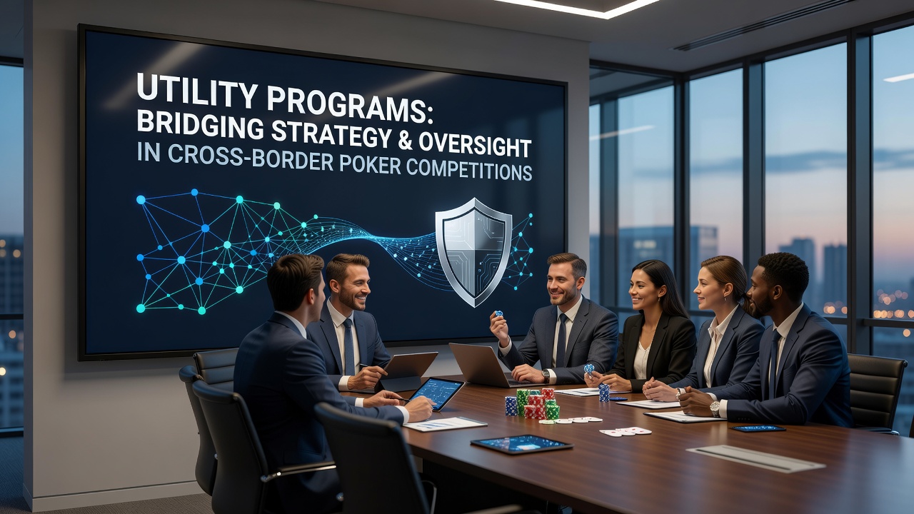 Utility programs integrating strategy and oversight visuals in cross-border poker settings