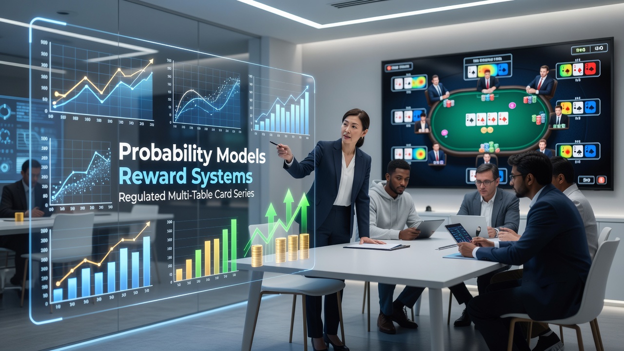 Illustration of probability models and reward systems in a regulated multi-table poker tournament setting with digital interfaces and compliance elements
