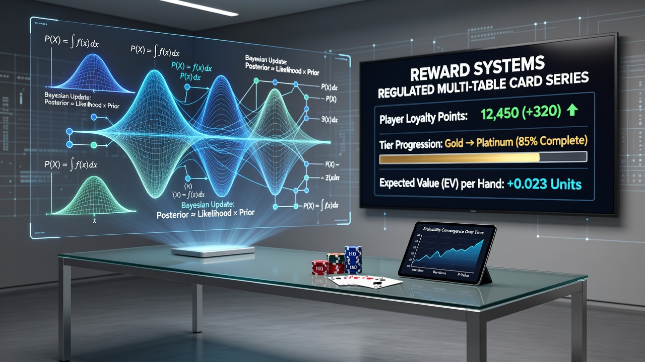 Digital dashboard showing integrated probability calculations and reward tracking in a multi-table poker environment